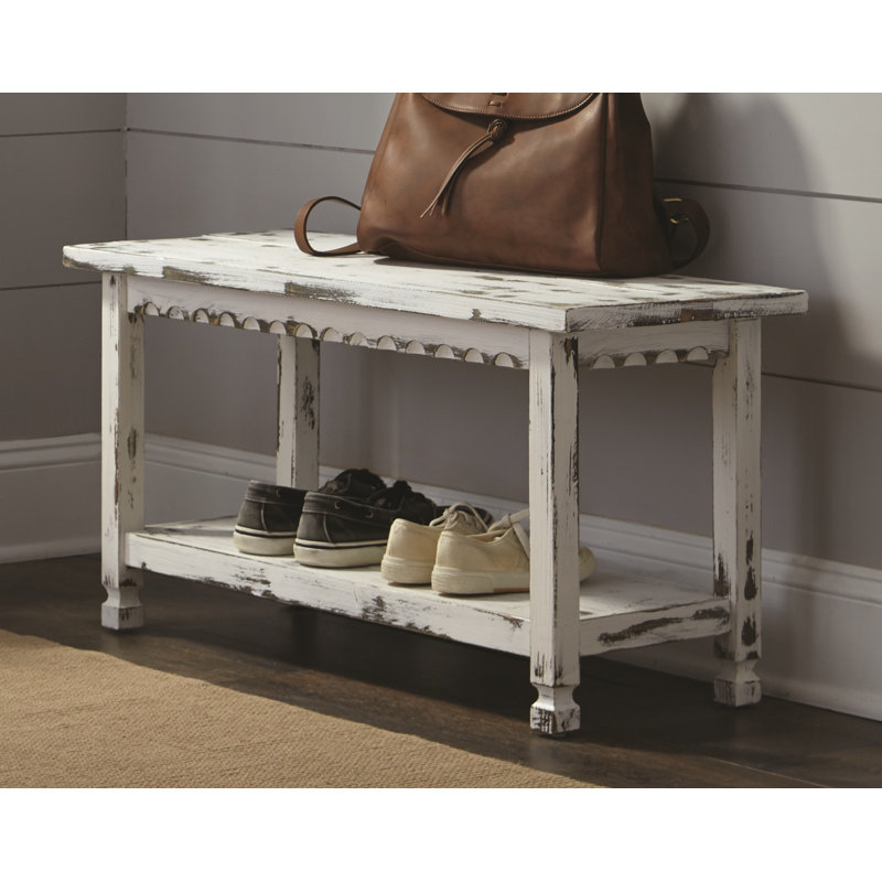 Banc rustique avec 1 tablette Jodh, en bois massif antique, parfait pour les meubles d'appoint et occasionnels, Blanc