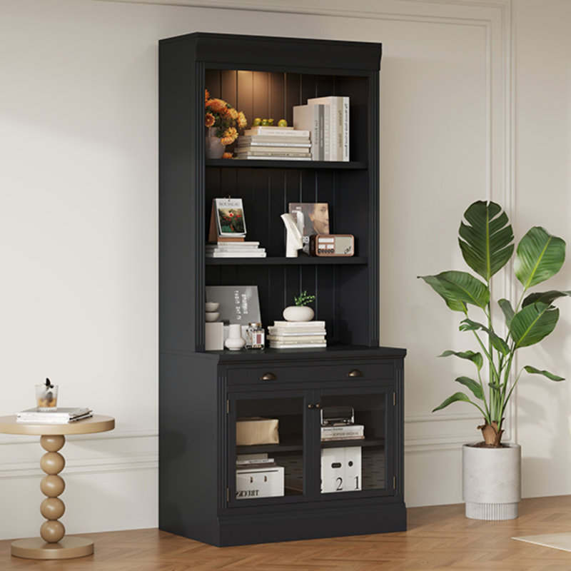 Tall Bookshelf With LED Lighting, Modern Bookcase With 2 Glass Doors And 1 Drawer,Storage Bookcase With Open Shelves For Living Room,Home Office