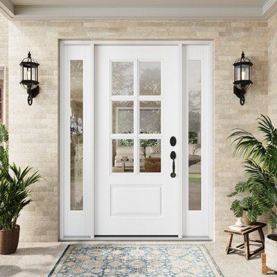 Entry Front Exterior Fiberglass Door 36" x 80" Primed White 6-Lite Clear Glass Prehung Door Fixed Double Sidelite White 1 Lite Clear Glass Door With Jamb, Left-Hand Inswing (Not Included Hardware Kit)