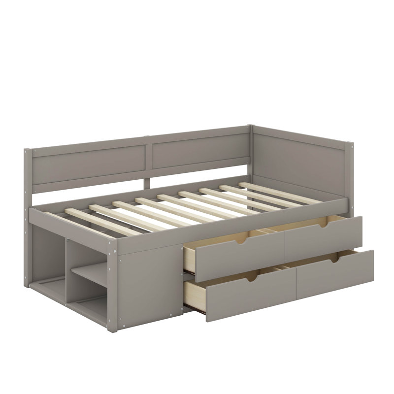 Daybed With Drawers And Shelves, Gray, Twin