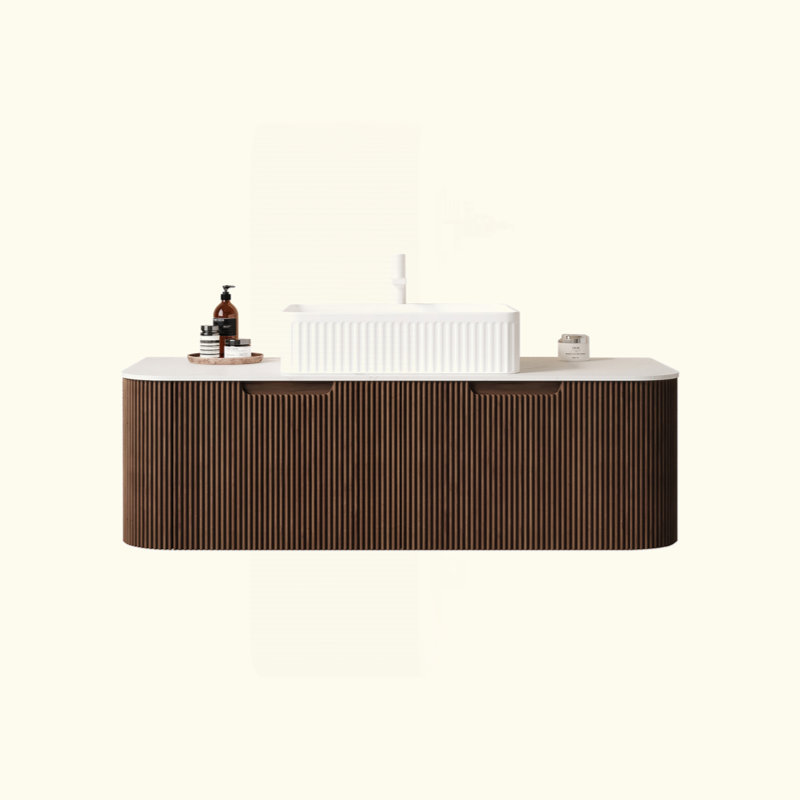 Meuble-lavabo 48 po avec lavabo, armoire de rangement murale à bords arrondis et rayés avec 2 tiroirs, lavabo rectangulaire en céramique blanc, sans robinet, pré-assemblé