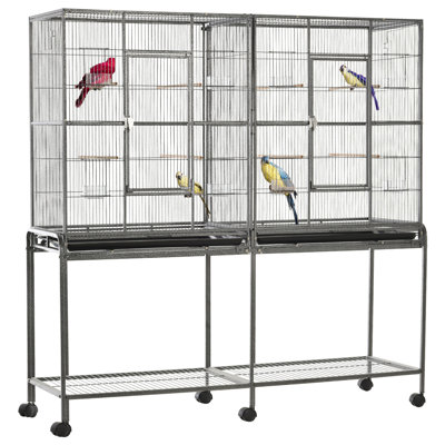65" Double Rolling Metal Bird Cage From With Detachable Stand, Storage Shelf, Wood Perch, Food Container - Roomy For Well-being Cage: Perch & Spacious Enjoyment Time