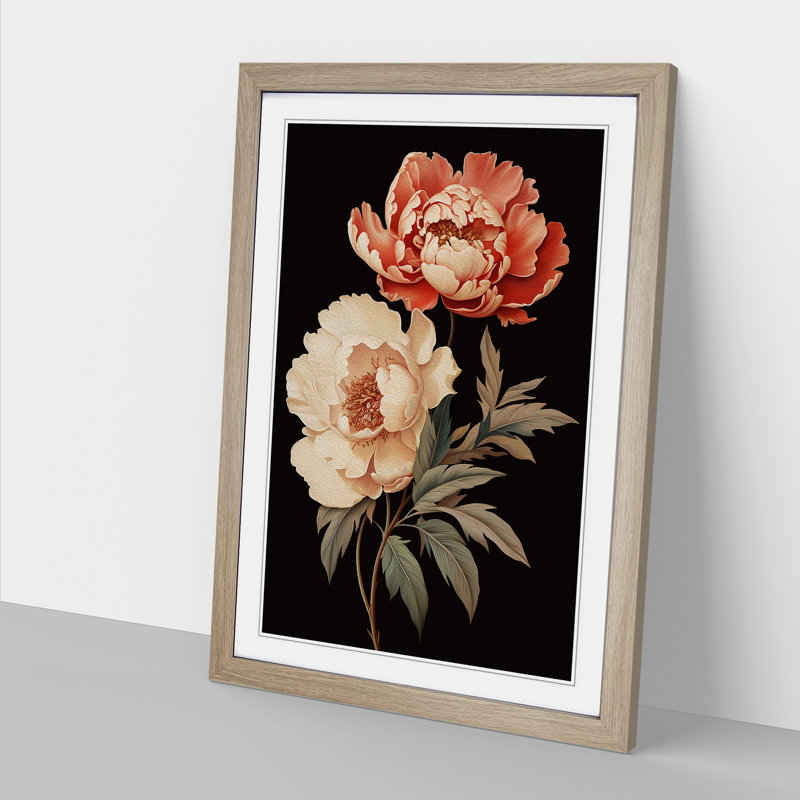 Peony Flower Deco - Single Picture Frame Print on Wood, 46cm H x 34cm W x 2cm D, Oak
