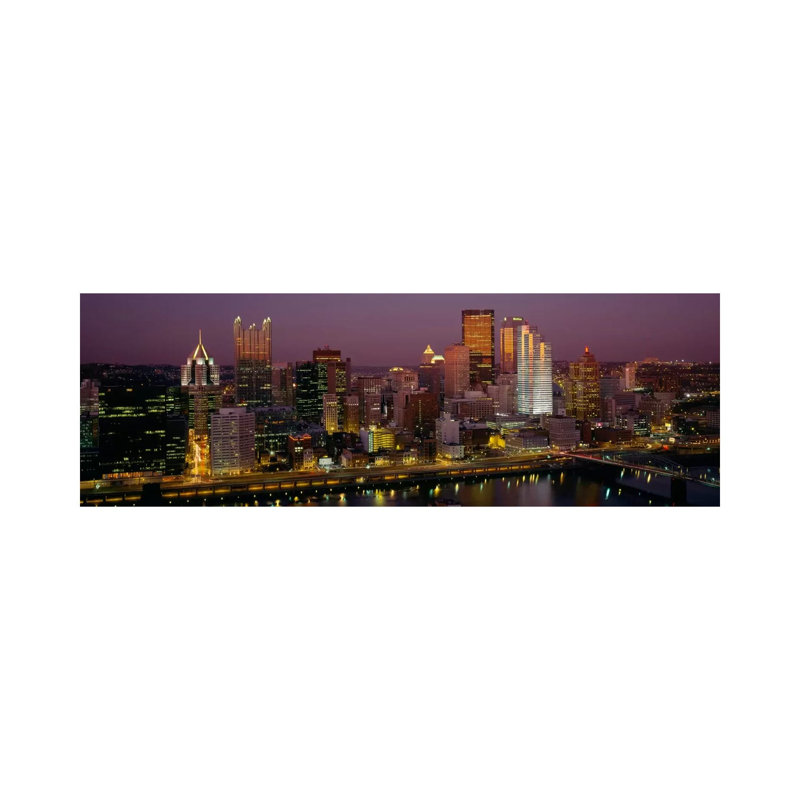 High Angle View of Buildings Lit up at Night, Pittsburgh, Pennsylvania, USA 1 Piece Wrapped Canvas Panoramic Wall Art