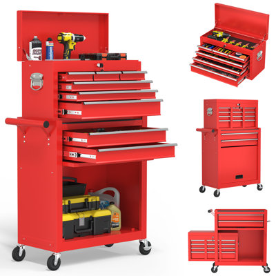 8-Drawer Tool Chest with Wheels，2-In-1 Detachable Metal Toolbox Storage Cabinet Organizer（Red）