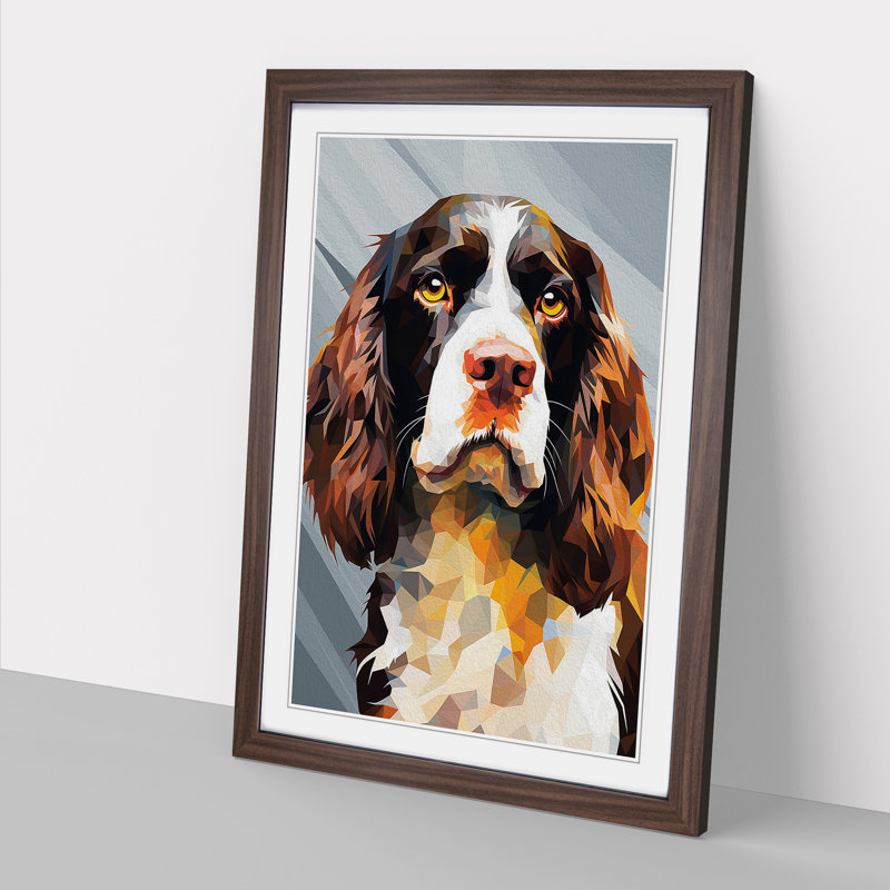 English Springer Spaniel Geometric No.2 - Single Picture Frame Print on Wood, Walnut, 64cm H x 46cm W x 2cm D