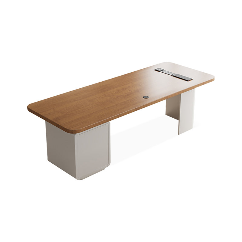 Bureau rectangulaire brun et blanc en bois massif avec 3 tiroirs, H 29,53 po x l 70,87 po x P 31,5 po