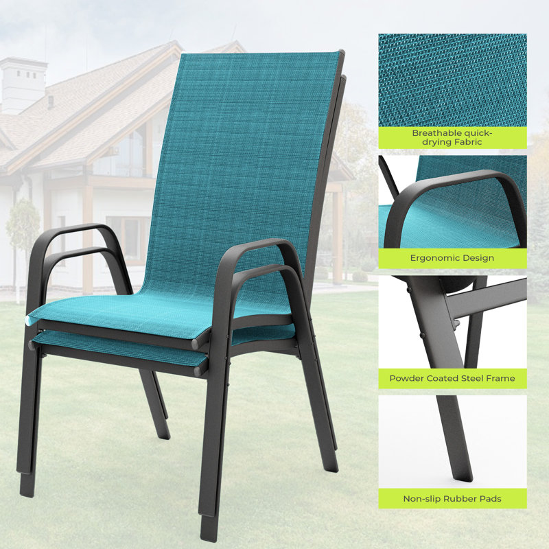 Ensemble de 4 chaises de patio empilables Ronda, 4, Bleu paon / noir
