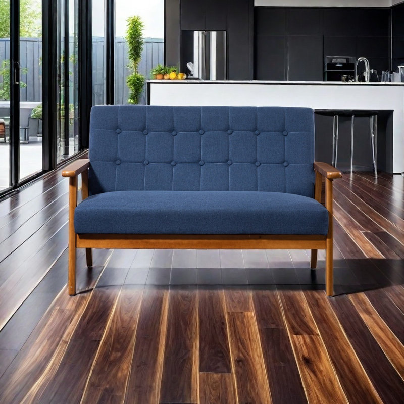 Mid-Century Modern Solid Loveseat Sofa, Blue Linen