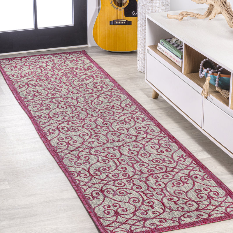Deronte Vintage Filigree Textured Weave Light Gray/Fuchsia Indoor/Outdoor Rug, Runner 2'2" x 8'