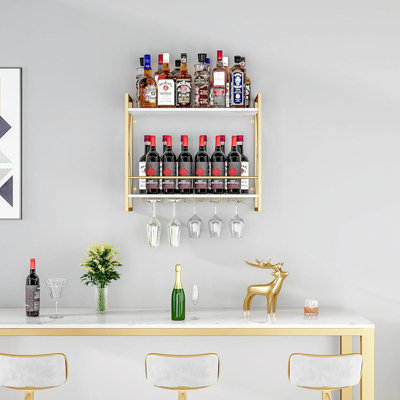 Wine Rack Wall Mounted 2 Tier Shelf, Wall Wine Rack With Industrial Iron & Rustic Wood Frame Wine Bottle Holder For Kitchen, Dining Room, Home Bar Dec