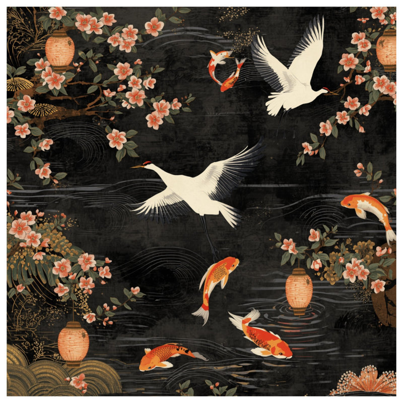 Rideaux de douche Cranes And Koi, L 70 po x H 93 po