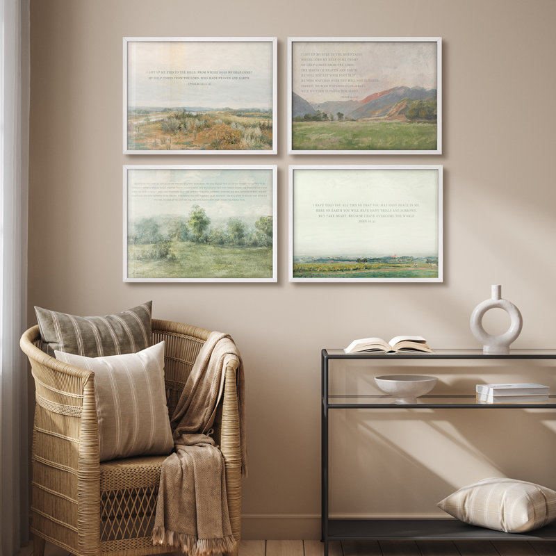Ensemble de 4 pièces d'art mural encadré paysage biblique - Versets de la Bible avec impressions de paysages de campagne pour une décoration intérieure