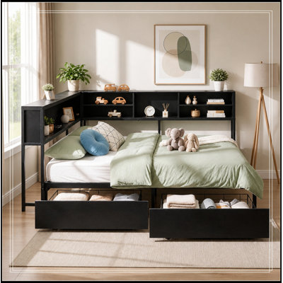 Cadre de lit simple avec bibliothèque de rangement, lumières DEL et 2 tiroirs