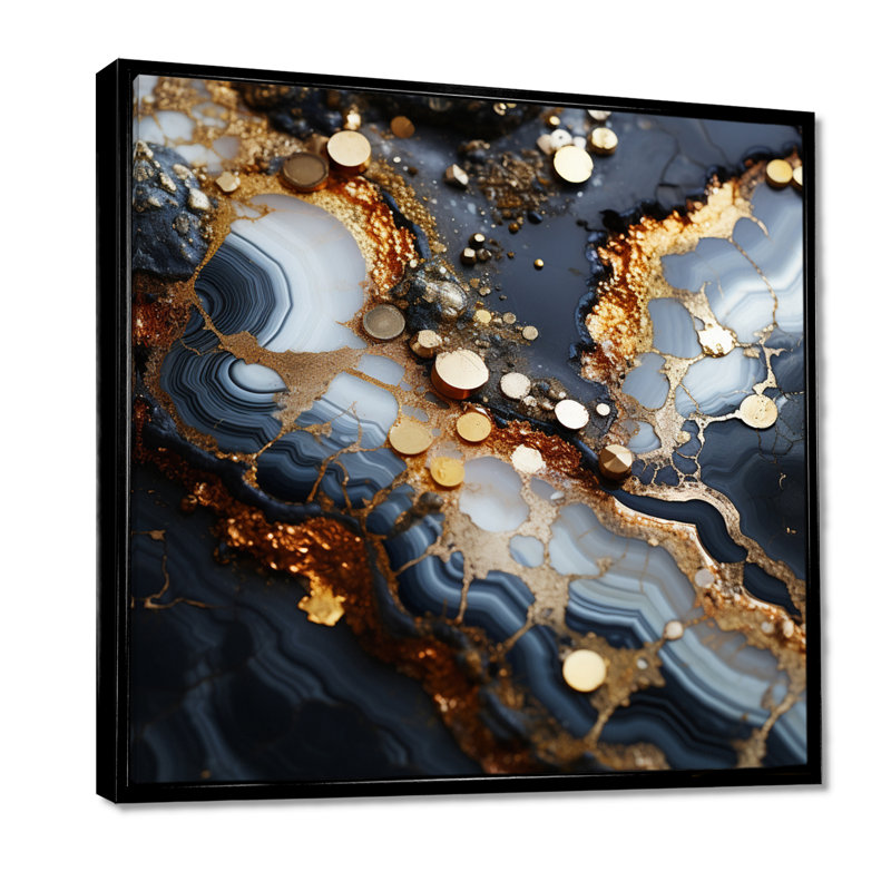 Décoration murale luxueuse en agate éclipse, blanc et bleu doré, H 16 po x l 16 po x P 1 po, Cadre flottant noir