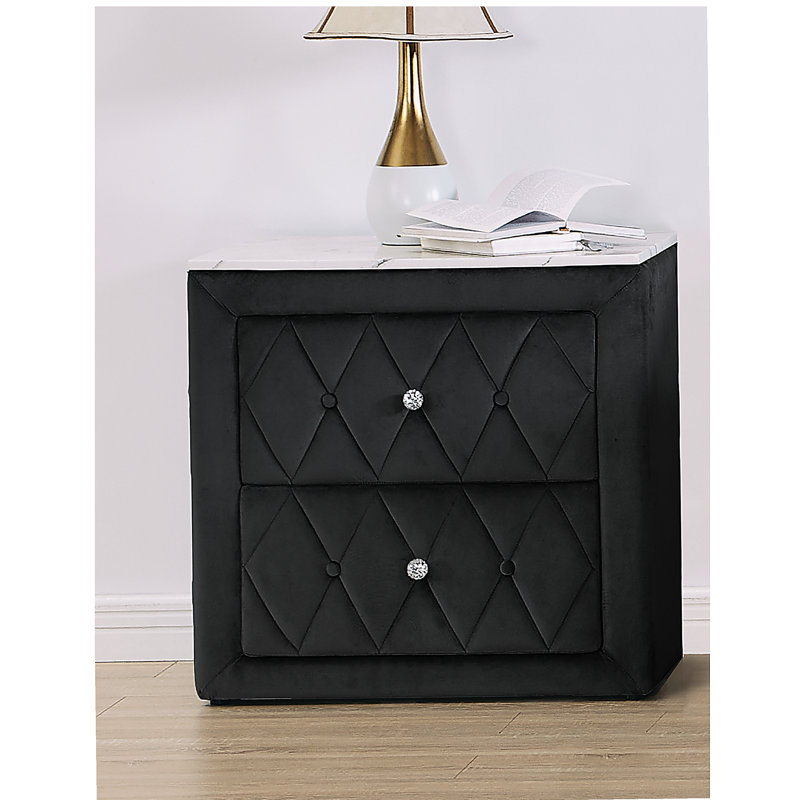1pièce table de chevet 2 tiroirs avec boutons de finition capitonnés, Noir