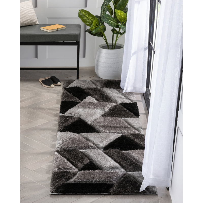 Tapis à poil long texturé à motif géométrique noir Cobina Holland, Tapis de couloir 2 pi 3 po x 7 pi 3 po