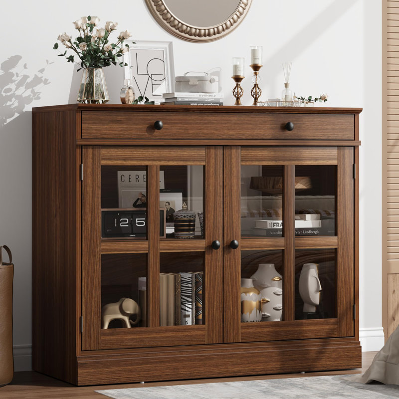 35.4" Sideboard Buffet Cabinets with Glass Door, Buffet Cabinet with Storage, Sideboard Cabinet with Drawer, Ivory