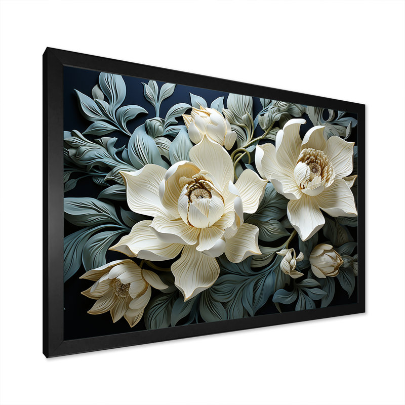 Tulipes blanches et bleues modernes sur toile, Cadre simple noir, H 30 po x l 40 po x P 1,5 po