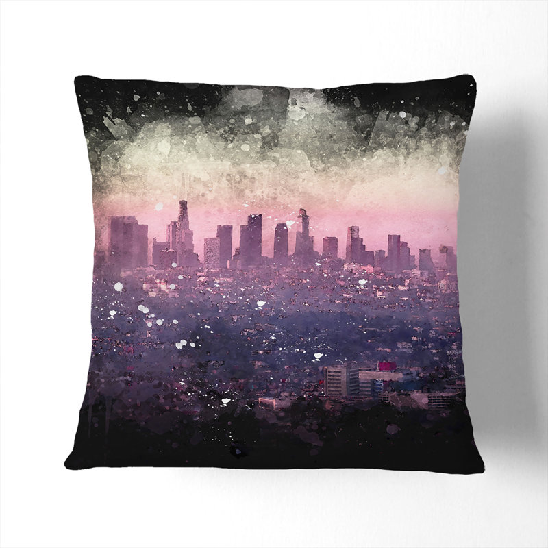 Los Angeles Skyline in the Morning Paint Splash Cushion with Filling, 40cm H x 40cm W x 15cm D, Stone