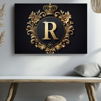 Canvas A Luxurious Emblem Centers On A Large Ornate Golden Letter Wall Art R Intricately Surrounded By Elaborate Floral Motifs And Canvas Wall Art