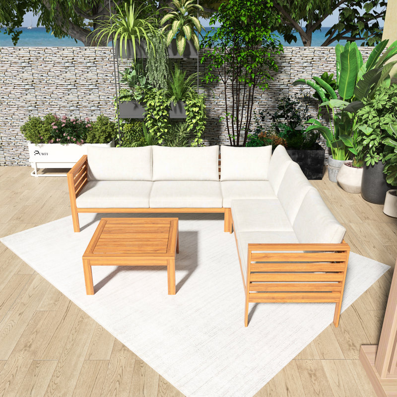 82.7''Wood Outdoor Patio Sofa With  Beige Cushions, Beige