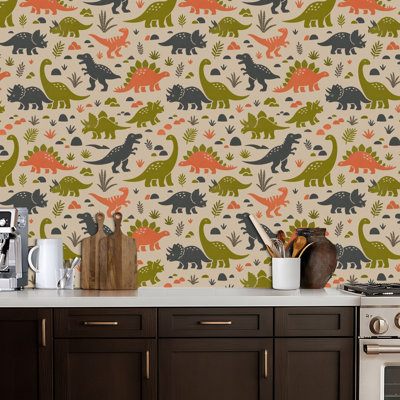 Papier peint auto-adhésif à motif de dinosaures gris à la main