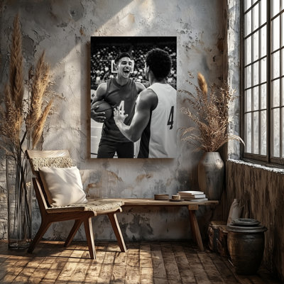 Canvas A Dynamic Basketball Scene Captured In High Contrast Black And Wall Art White Featuring Two Male Players Engaged In A Canvas Wall Art