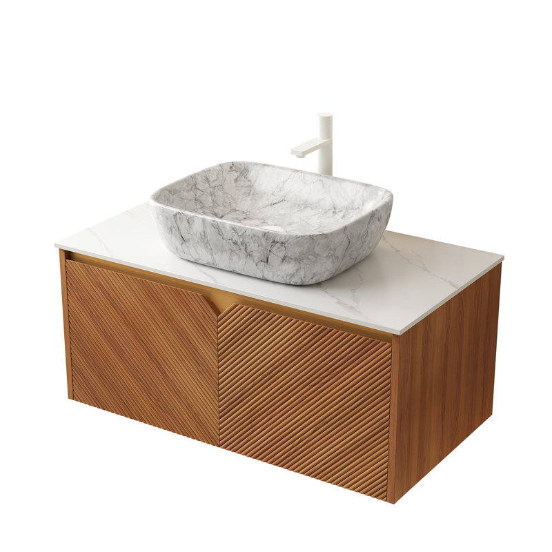 Woodinville Bathroom Vanity & Sink Choice, Plywood Storage Unit, Marble Pattern Ceramic Vessel, Sintered Stone Surface Treatment, Twill Double Doors With Metal Accoutrements 48" Constitution,