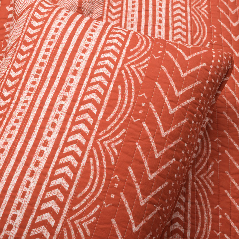 Ensemble de courtepointe réversible moderne et contemporain en coton orange standard 3 pièces, Très grand