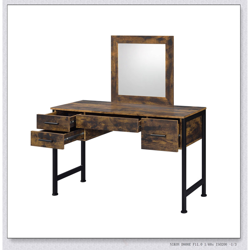 Juvanth Rustic Oak & Black Finish Vanity Desk With Mirror, Ample Storage And Modern Elegance For Organized Living.