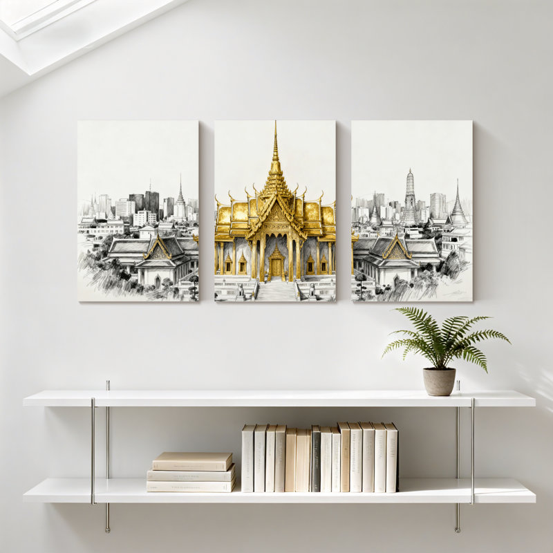 Ensemble de 3 impressions sur toile, "Temple d'or", reflet du paysage urbain, H 30 po x l 60 po