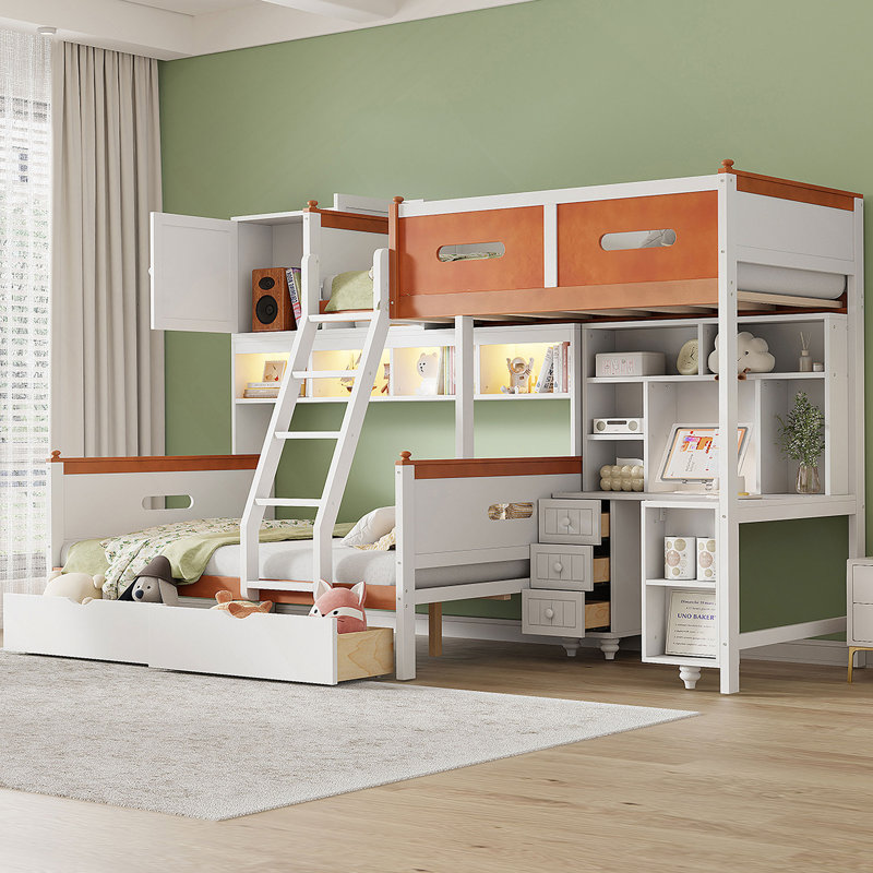 Lit superposé en bois avec bureau, tiroirs, tablettes et armoire, lumière DEL