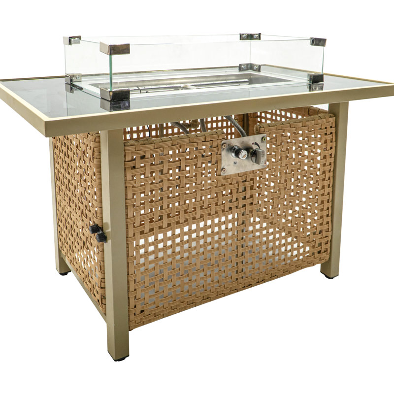60000 Propane Garden Fire Pit Table With Glass Wind Guard, 43" Rectangular Open Weave For Patio Deck Backyard - Orange & Mustard Yellow Gas ,