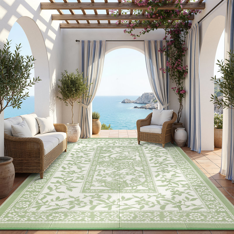 Reversible Outdoor Area Rug 9x12ft, Gray Green/Ivory White - Waterproof & UV Resistant Plastic Mat, Easy Clean, Portable for Patio, Garden, Camping, RV - USA