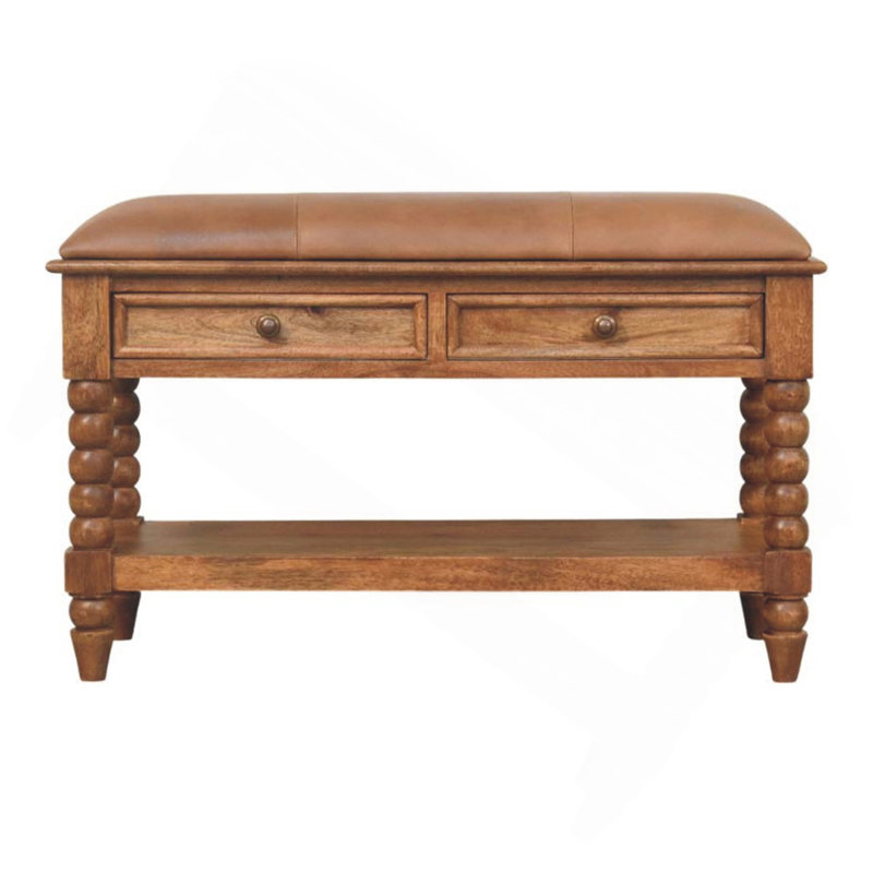 Banc en bois et en cuir, 2 tiroirs, 1 tablette