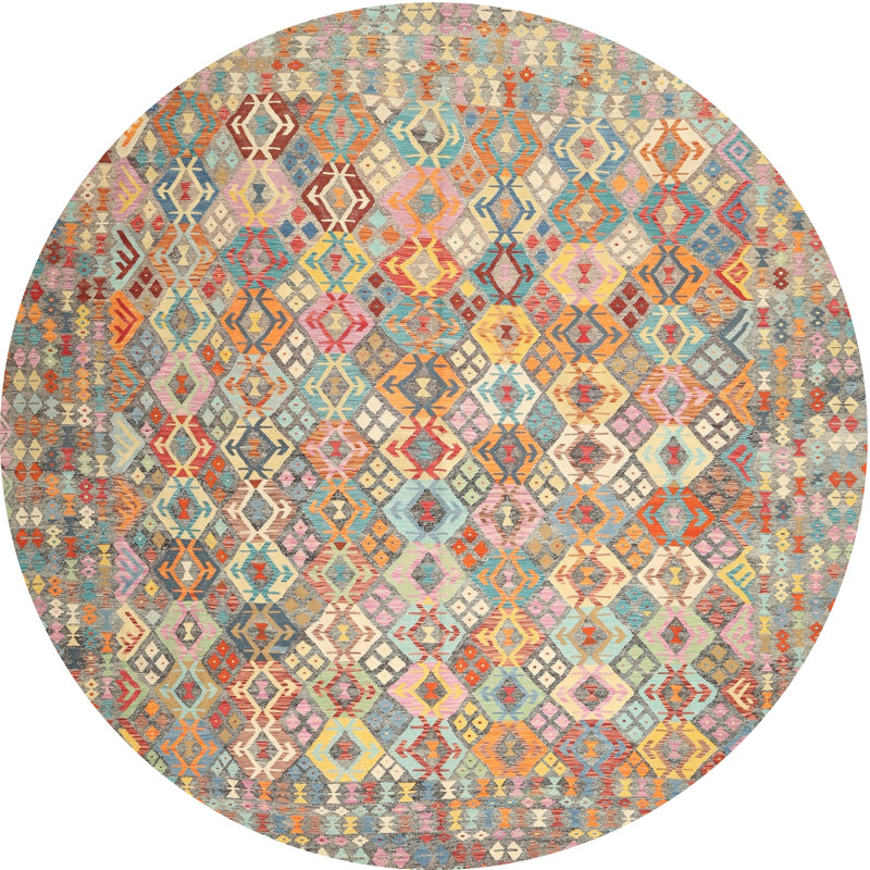Tapis tissé à la machine à motif géométrique brun / orange / bleu Laduke, Rond 5 pi