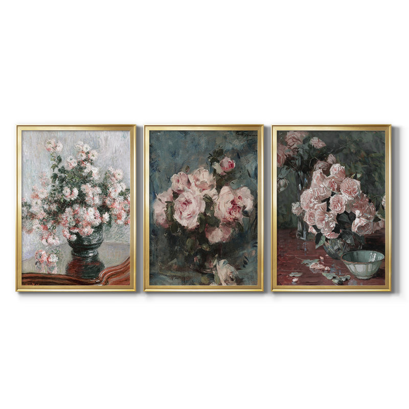Impression florale rétro CCL XXVI - Toile tendue avec châssis sur mesure - 3 pièces, H 21 po x l 30 po, Doré
