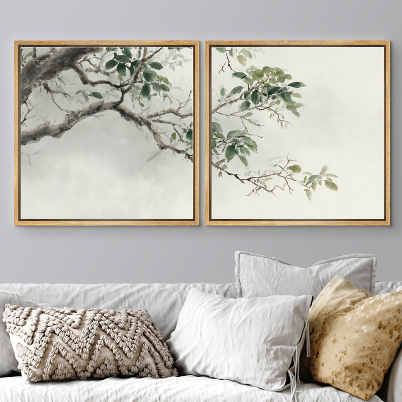 «Minimal Green Leaves Botanical Branch», ensemble de 2 reproductions d'art encadrées, H 24 po x l 24 po