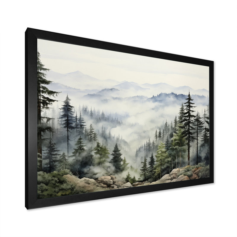 «Pine Tree Misty Mountain I», art sur toile de pin, Cadre photo unique, H 12 po x l 20 po, Noir