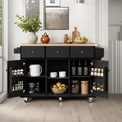 Kitchen Cart: With Rubberwood Flip-top, Interior Storage Shelves In Cabinet Doors, 5-wheel Design, Storage Cabinets And 3 Dining Drawers.