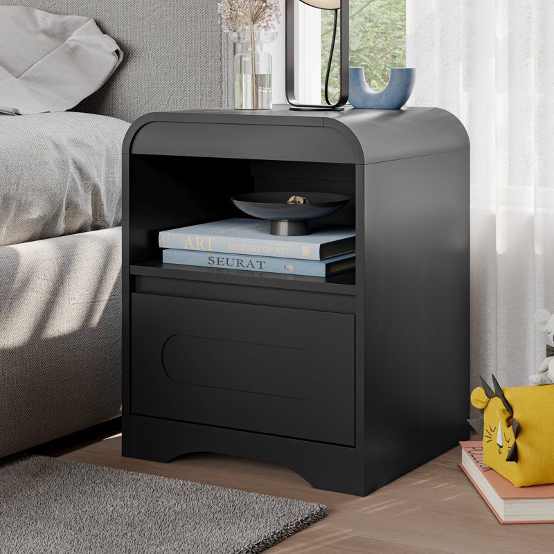 Nightstand Set Of 2, Bedside Table With Drawer Storage And Open Compartment, Nightstands End Table 22" Large Curved Edge Design Night Stands For Bedroom Living Room Sofa Office