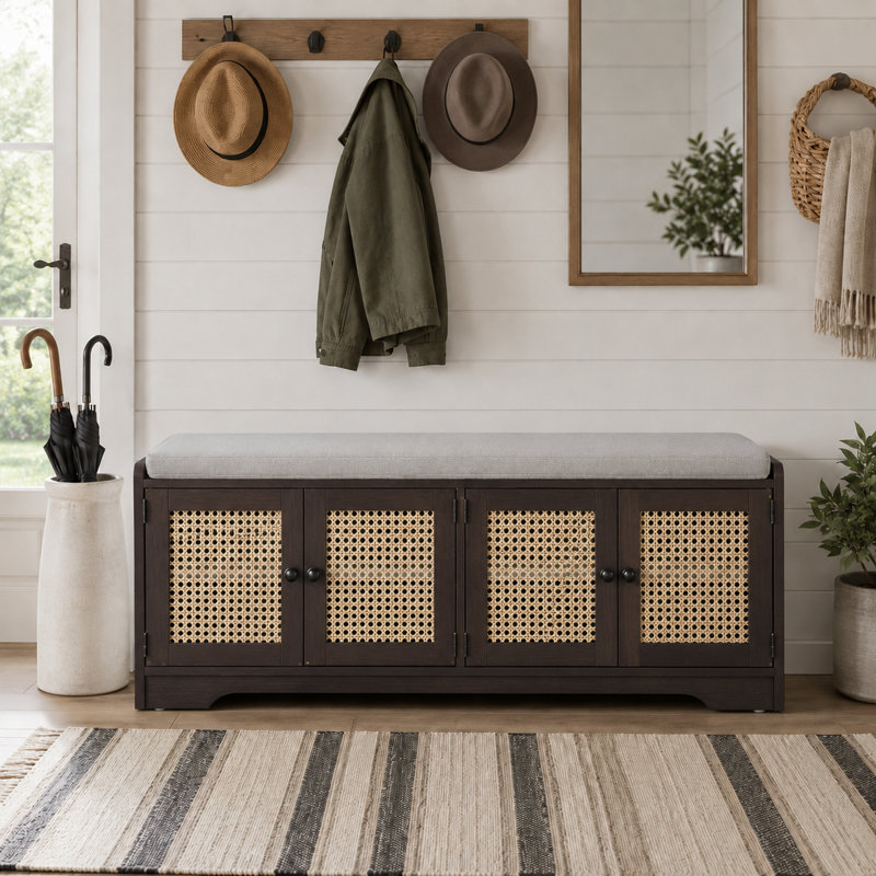 Banc de rangement en rotin avec siège rembourré Farmhouse, Espresso