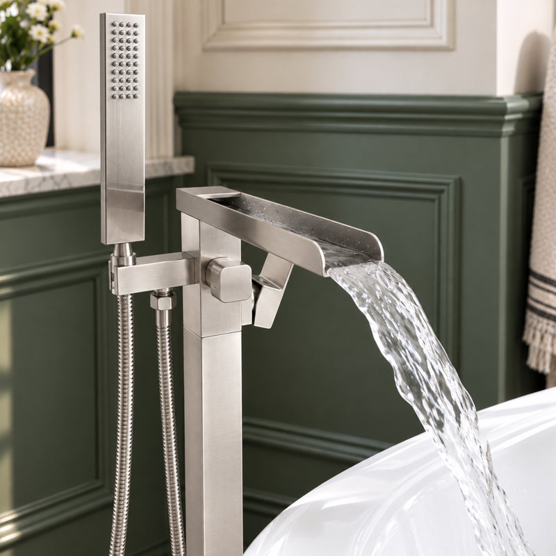 Robinet de baignoire sur pied VIBRANTBATH avec douchette intégrée et effet cascade, fini nickel brossé, poignée unique et douchette à main.