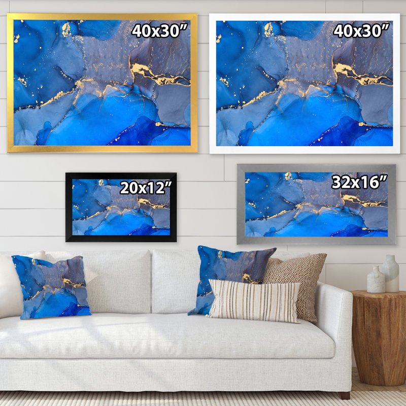 «Blue Luxury Abstract Fluid Art V», reproduction d'art sur toile moderne, H 24 po x l 32 po, Cadre doré