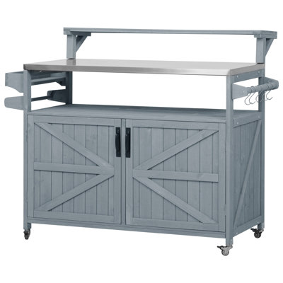 Îlot de cuisine extérieur de 53,3 po avec tablette surélevée, armoire de rangement en bois massif avec plateau en acier inoxydable, chariot de barbecue extérieur avec support de rangement interne, tablette réglable, support à épices