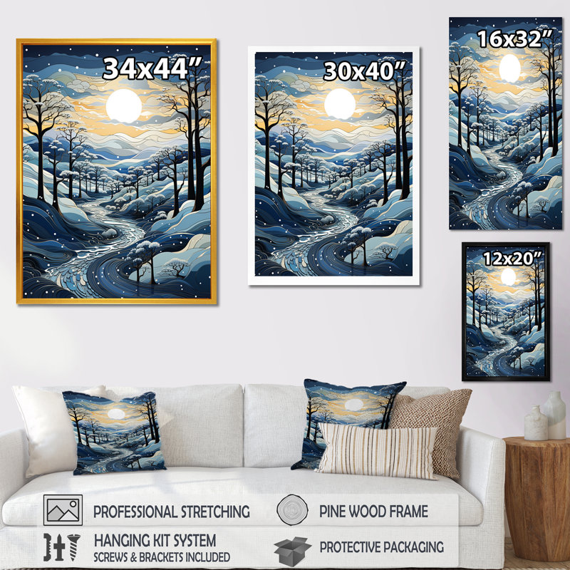 «Blue and White Path Into Winter Forest II», art mural forêt, Cadre flottant doré, H 20 po x l 12 po
