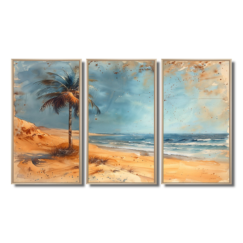 Salyer - Ensemble d'art mural palmiers et palmiers, Toile naturelle avec cadre flottant, H 40 po x l 60 po x P 1 po
