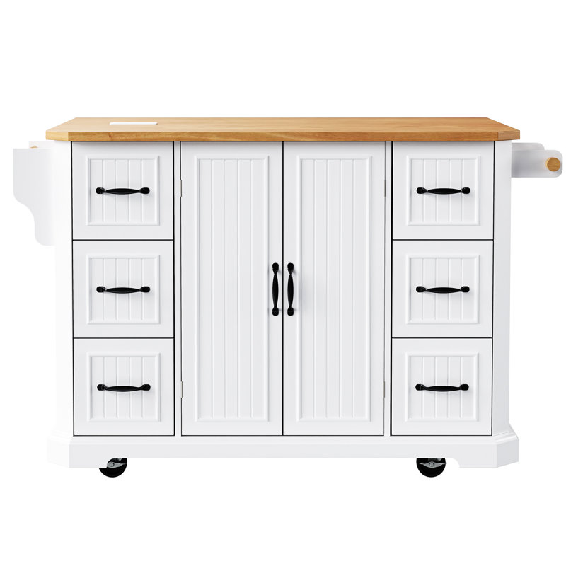 Îlot de cuisine roulant blanc avec 2 portes, 6 tiroirs profonds, abattant - 4 tablettes de rangement au design peu encombrant, tiroirs spacieux et pratiques