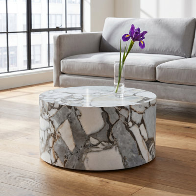 Marble Textured Cylindrical Coffee Table with Rounded Edges & Anti-Slip Pads, Cave stone patterned MDF Accent Table for Living Room Small Space, Lightweight